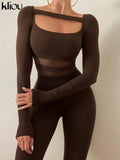 Kliou Sheath Concise Jumpsuit Women Herfst Unique Truncated Mesh See Through One Pieces Slim Simple Casual Female