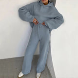 Knitted Sweat Suits Women Matching Sets Long Sleeve Hoodie+wide-legged Pants Loungewear Sweater Set Two Piece