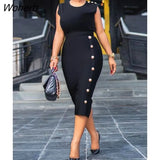 Women Chic Bodycon Button Decor Midi Skirt Elegant OL Skirts Bottoms-Outfit