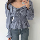 Chic Korea Off Shoulder Tops Blusas Women 2021 Spring Solid Color Bow Tie Slim Waist A Line Belly Peplum Short Shirts