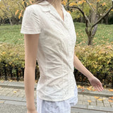 Summer New Solid Color Buckle Shirt Top Female Thin Perspective Body Display Leisure Short Sleeve