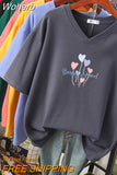 100% Cotton M-6XL T Shirt Heart Balloon Print Tshirt Short Sleeve Women's Top Summer Couple V Neck Oversized T Shirts-Outfit
