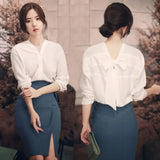 Spring Korean Style Tops Wome Long Sleeve Back Bow V-neck Chic Sweet Shirts Solid White Chiffon Blouse Blusas Femme