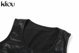Kliou Simple Faux PU Leather Two Piece Set Women Concise Skinny Sleeveless Vest+ Sexy Unique Cut Out Skirt Streetwear