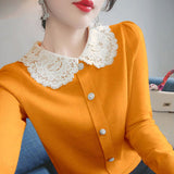 Winter Lace Patchwork Doll Collar Sweet Knitting Cardigan Lady Elegant Fashion All-match Buttons Sweater Top Women Coat-Outfit