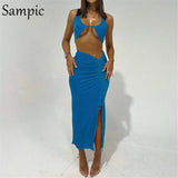 Fashion Sexy Women Summer Split Long Skirt Set 2021 Halter Skinny Orange Tops And High Waisted Skirt Suit Two Piece