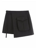 Pocket Irregular Skirt Women Fashion Loose Casual High Waist Black Short Dress 2023 Spring Summer Female Mini Skirts-Outfit