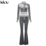 Kliou Solid Velour Two Piece Set Women Simple Casual Zipper Long Sleeve Turtleneck Top+Bandage Lace Slim Female Wide Leg