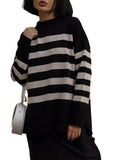 Autumn And Winter Women's Clothing Jacket Loose Round Collar Bump Color Knitted Striped Sweater