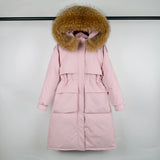 Large Natural Raccoon Fur Hooded Long Down Coat Women Winter 90% Duck Down Parkas Female Thickness Sash Tie Up Jackets-Outfit