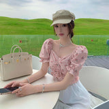 Women Summer Bf Puff Sleeve Teens Crop Top Fashion Floral Pleated Bow Sweet Sexy Thin Slim Street Comfortable