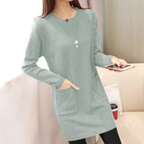 Sping Winter Women Black Sweaters Casual Solid O-Neck Long Sleeve Knit Sweaters Loose Pockets Mid Length Pullover Female