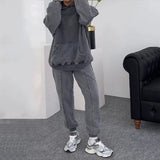 Woherb New Fall / Winter 2023 Solid Color Round Collar Lazy Long-Sleeved Hoodie Casual Sweatpants Suit-Outfit