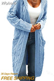 Women Sweater Mid-Length Women'S Overcoat Cardigan Solid Color Hooded Twisted Knitted Open Loose Sweaters-Outfit