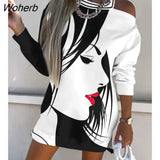 Fashion Printed Sweater Dress Women Casual Off Shoulder Round Neck Long Sleeve Mini Dress Women-Outfit