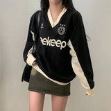Woherb Letter Print Contrast Color V-Neck Baseball T-Shirt New Fall Versatile Casual Long-Sleeved Top Women-Outfit