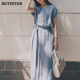 Elegant Single-breasted O-neck Women Midi Dress Short Sleeve Belted Slim Waist Female Dress Workwear Vestidos Femme-Outfit