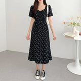 Woherb Chic Summer Retro Elegant V-Neck Hollow Back Strap Design Waist Show Thin Short-Sleeved Floral Dress-Outfit