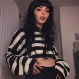 Vintage Striped Gothic Sweaters Punk Oversize Long Sleeve Women Crop Pullovers Alt Clothes Fashion Autumn