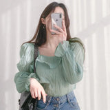 South Korea Chic Sweet Square Collar Temperament Shirt Women Summer Retro Hong Kong Flavor Folds Puff Sleeve Top