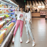 Casual Lady Print T Shirt And Solid Color Pants Women Sets Korean Female