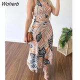 Elegant Two Piece Set Women Fashion Print Sleeveless Halterneck Vest Long Skirt Suit Two Piece Set Women-Outfit
