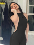 Kliou Solid Halter Jumpsuit Women Sexy Mock Neck Sleeveless Backless Body-Shaping One Piece Jurk High Street Female