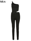 Kliou Concise 2 Piece Set Women Sexy Skew Collar Crop Tops+Pencil Pants Matching Outfit Girl Hot Skinny Classic Street