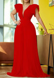 Formal V-neck Short Sleeves Solid Pleated A-line Evening