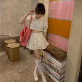 Women Sets Sweet Solid Short Puff Sleeve Tops Ruffles Mini Skirts Preppy Style Simple Streetwear All-match Female Summer Daily-Outfit