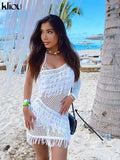 Kliou Bohemian Style Dress Women Autumn Plaid Tassel Skirt Sexy See Through Inclined Shoulder Robe Party Knitted