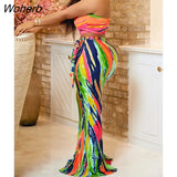 Women Two Piece Abstract Tropical Printed Dress Suits Tube Top & Maxi Skirt Set-Outfit