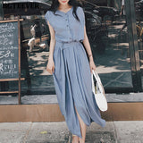 Elegant Single-breasted O-neck Women Midi Dress Short Sleeve Belted Slim Waist Female Dress Workwear Vestidos Femme-Outfit