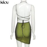 Kliou Mesh Halter Tie Up Baddie Dresses For Women 2021 Summer Casual Street Style Sexy Backless Sleeveless Mini Dress Female