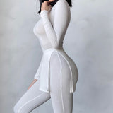 2021 Long Sleeve O-Neck Skinny Stretchy Solid Print Jumpsuit Summer Women Fashion Streetwear