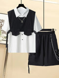 Gothic Men Suits Cargo Vest + Shirt + Shirts 3 Pieces Set Summer Clothes Punk Preppy Streetwear Casual Outfit Men Fashion