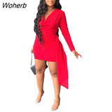Irregular Party Dress Women Fashion Sexy Solid V-neck Long-sleeved Slim Dress Women-Outfit