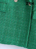 Women Fashion Double Breasted Tweed Green Blazer Coat Vintage Long Sleeve Flap Pockets Female Outerwear Chic Veste-Outfit