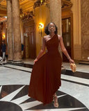 Women High Waist Hollow Out One Shoulder Cutout Pleated Dress Evening Party Ankle Length Long Dress Sleeveless Sexy Slim-Outfit
