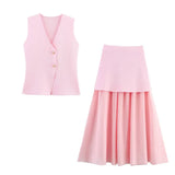 Women's 2025 Summer New V-Neck Gold Button Knitted Vest + Folding Skirt