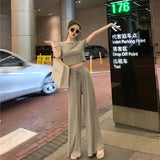 Women Sets Solid O-neck Cropped T-Shirts Elastic Waist Drawstrings Soft Breathable Ulzzang Casual Trendy Elegant Female Womens-Outfit