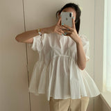 Woherb Chic Summer Careful Machine Back Hollow Tie Doll Shirt Female Loose Solid Color Bubble Sleeves Shirt Jacket-Outfit