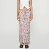 Women's Bodycon Long Skirt Y2k Vintage Slim Lace Trim Floral Print Drawstring Skirt for Summer Elegant Boho Outfits-Outfit