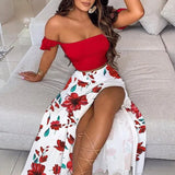 Fashion Dress Sets Beach Floral Print Skirt Suit Sexy Strapless Off Shoulder Ruffles Party Dress Ladies Two Piece