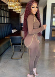 Sexy Kahaki Zipper Long Sleeve Crop Top And Pant 2 Piece