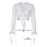 2019 long sleeve fur V-neck wrapped bandage sexy crop tops autumn winter women streetwear club party outfits
