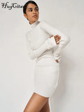 2021 Long Sleeve Ribbed Ruched Bandage Sexy Mini Dress Autumn Winter Women High Neck Knitted Pure Party Elegant