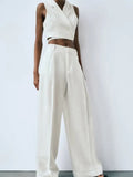 2023 Women Summer Wide Leg Pants Casual Solid Linen High Waist Zipper Female Elegant Street Pant Trousers Clothing-Outfit