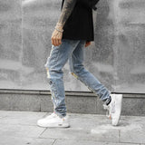 Hole Skinny Jeans Men Streetwear Letter Print Patchwork Straight Pencil Pants Male Vaqueros Hombre Hip Hop