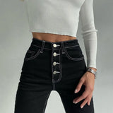 Casual Women Jeans Pencil Pant Streetwear Slim High Waist Button Elegant Office Lady Skinny Denim Trousers 2020